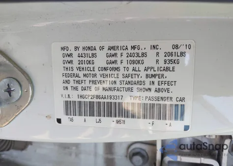 2010 Honda Accord 2.4 Ex-L from USA, damaged, VIN 1HGCP2F86AA193317